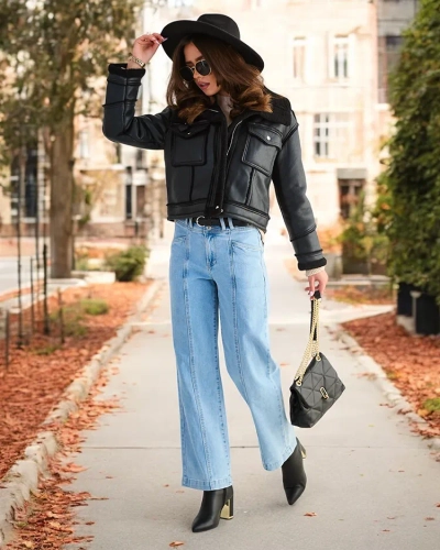 Geaca de piele ecologica pentru femei Royalfashion cu blana de culoare neagra