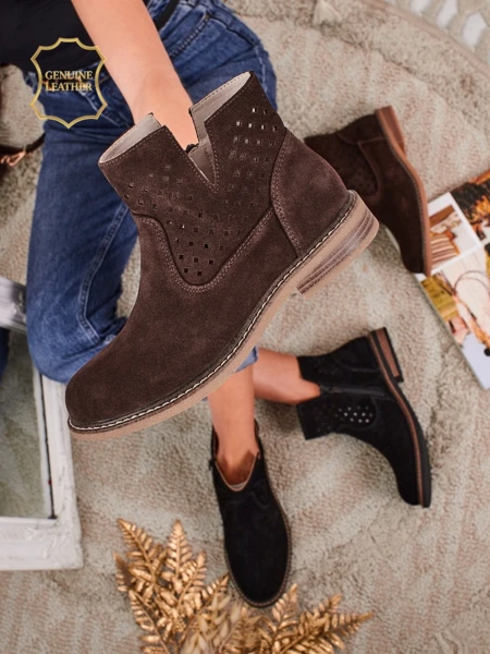 Aurelia Verona - Botine maro din piele intoarsă naturală pentru femei, toc de 3 cm