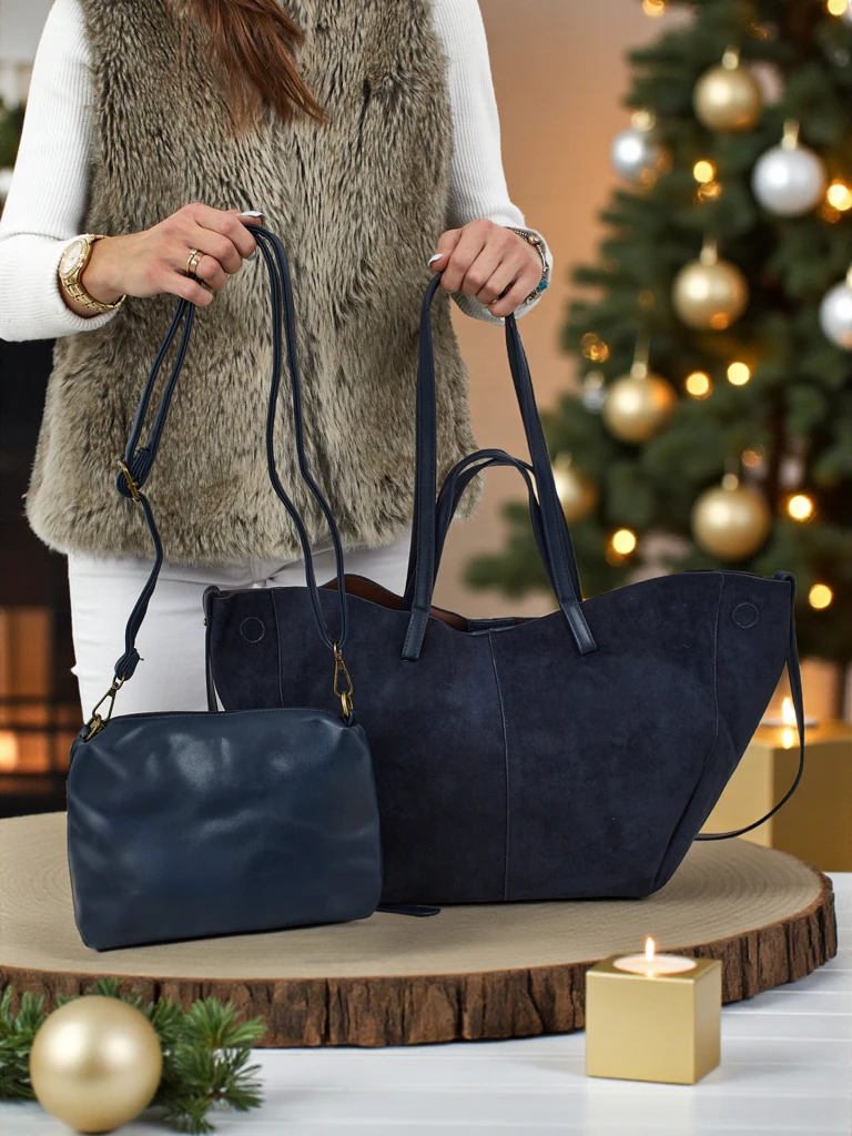 Geantă de damă shopper eco din piele întoarsă cu o geantă mai mică din piele eco inclusă, set 2 în 1 Elinea