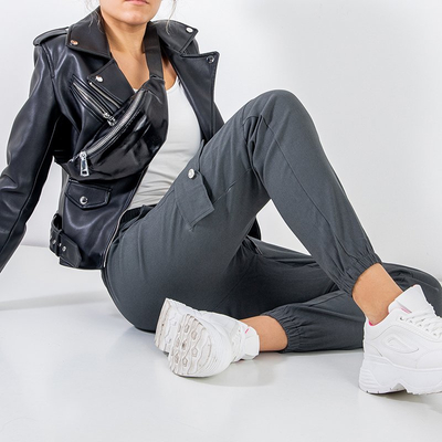 Pantaloni cargo pentru femei gri închis cu buzunare - Îmbrăcăminte