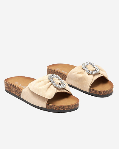 OUTLET Papuci de dama din piele intoarsa ecologica bej cu catarama Nals - Incaltaminte