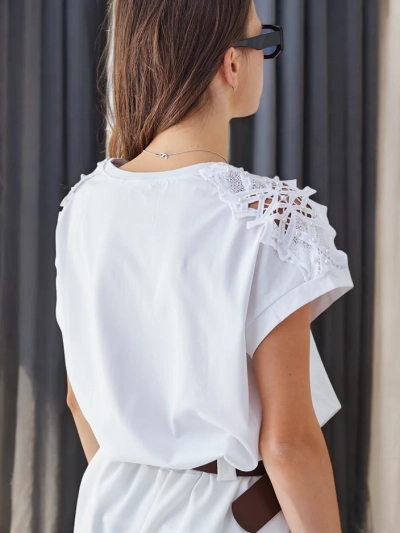 Royalfashion Tricou din bumbac pentru femei cu mâneci din dantelă