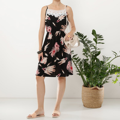Rochie scurtă de culoare neagră pentru femei, cu imprimeu vegetal roșu - Îmbrăcăminte