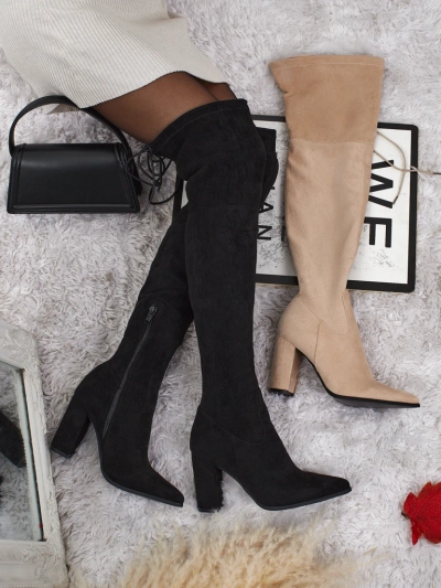 Cizme de damă peste genunchi, din piele ecologică întoarsă, cu toc gros, Eldir