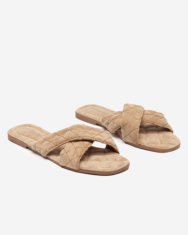 Papuci plati dama din piele intoarsa ecologica maro deschis Delime - Pantofi