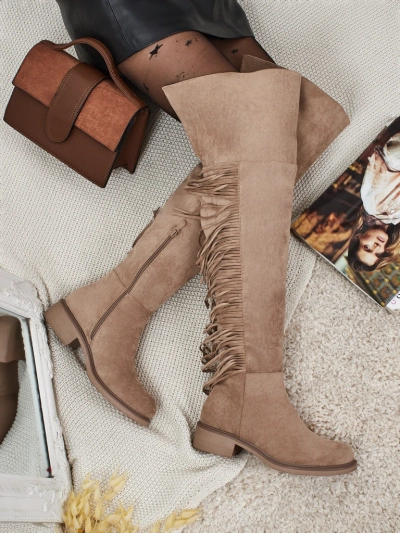 Cizme de damă peste genunchi din piele întoarsă ecologică cu franjuri Ostrelia