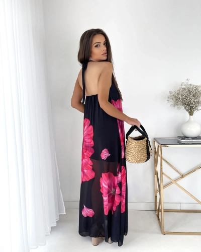 Rochie midi de damă neagră cu flori fucsia- Îmbrăcăminte