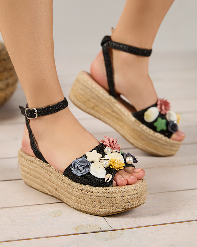 Sandale de damă negre a'la espadrile cu partea superioară decorativă Soramis - Încălțăminte