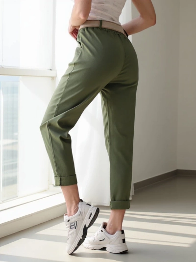 Pantaloni drepți din viscoză pentru femei Royalfashion cu brâu