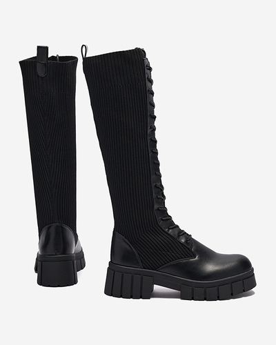 Cizme până la genunchi pentru femei cu șireturi, negre Assala- Footwear