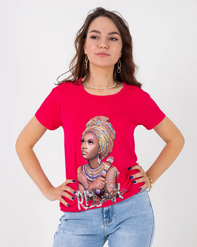 Tricou dama fucsia cu imprimeu colorat si paiete - Imbracaminte
