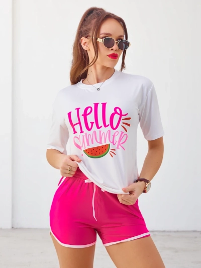 Royalfashion Set sportiv pentru femei cu tricou și pantaloni scurți Hello Summer