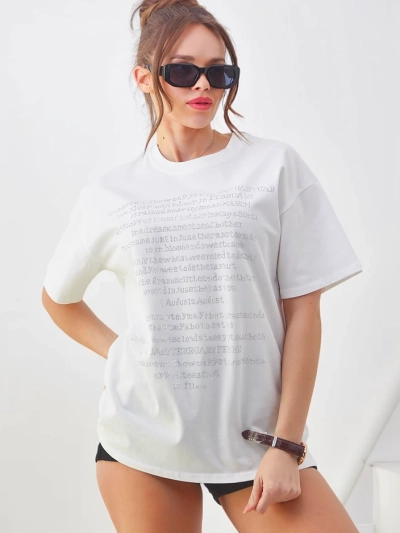 Royalfashion Tricou din bumbac pentru femei cu text din strasuri
