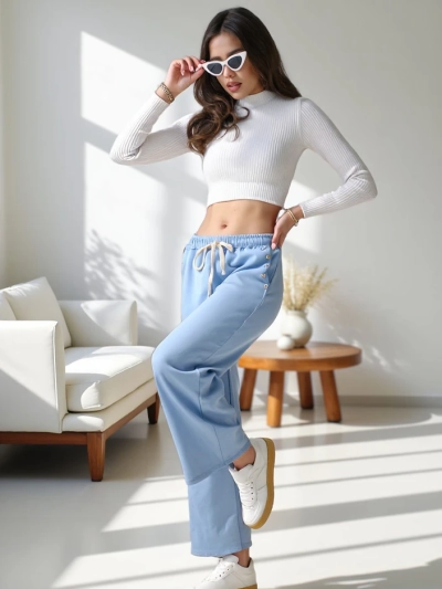 Royalfashion Pantaloni largi din bumbac pentru femei din viscoză cu zirconiu