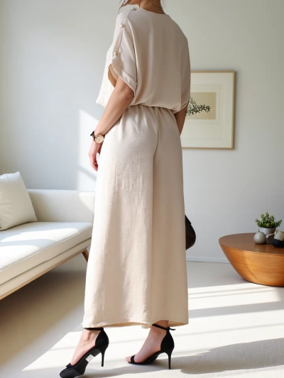 Royalfashion Set casual pentru femei, cu bluză cu mâneci scurte și pantaloni largi