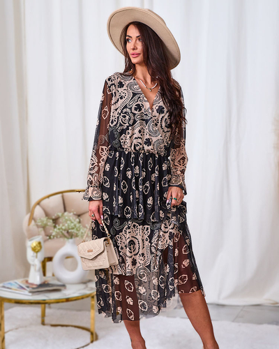 Royalfashion Rochie midi din plasă neagră și bej cu imprimeu