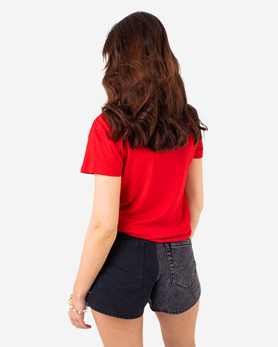 Tricou roșu de damă cu paiete și inscripții - Îmbrăcăminte