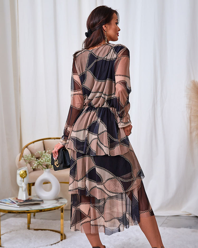 Royalfashion Rochie midi din plasă cu imprimeu, negru și maro deschis