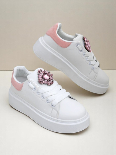Sneakers de damă Hypatia Bianco din piele ecologică cu ornament și accent roz