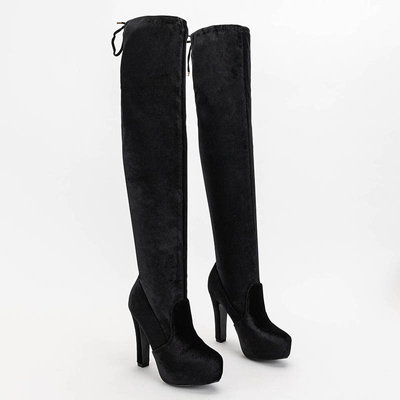 Cizme peste genunchi din velur cu toc înalt de culoare neagră - Încălțăminte