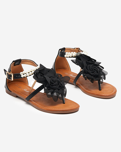OUTLET Sandale de dama negre cu perle si floare din stofa Amerile - Incaltaminte