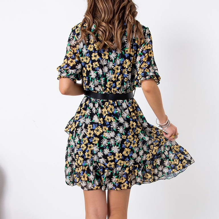 Mini rochie neagră pentru femei, cu flori galbene - Îmbrăcăminte