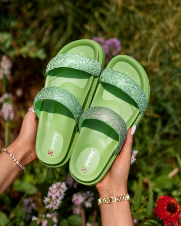 Royalfashion Neon Green Zirconia Sparkle Sliders pentru femei