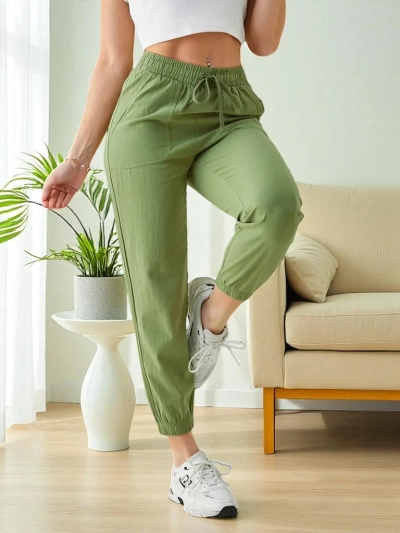 Pantaloni Joggery Dama Flora Verde Deschis 100% Bumbac Confortabili