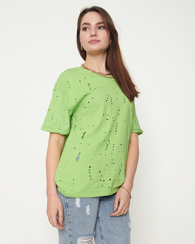 Tricou de damă din bumbac verde cu găuri decorative - Îmbrăcăminte