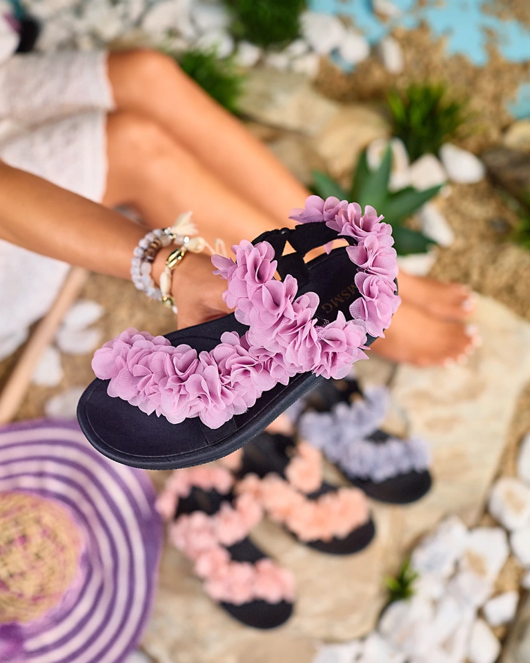 Royalfashion Sandale de damă roz închis cu flori Alferroy