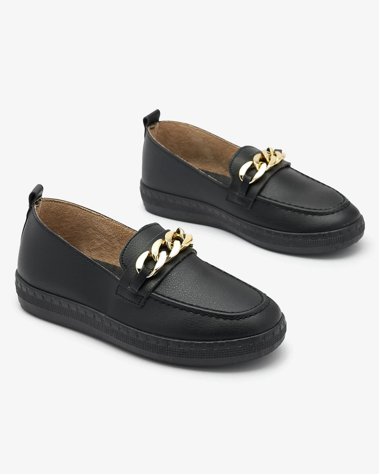 Mocasini negri de damă cu ornament auriu Ellica- Footwear