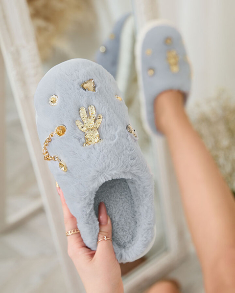 Royalfashion Papuci de blană de damă albaștri cu ornamente Erserra