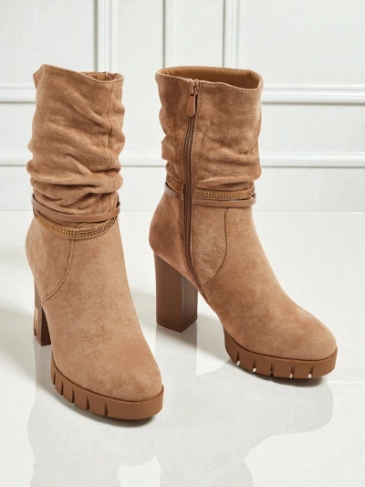 Botine de damă eco piele întoarsă cu toc gros BrambleDusk