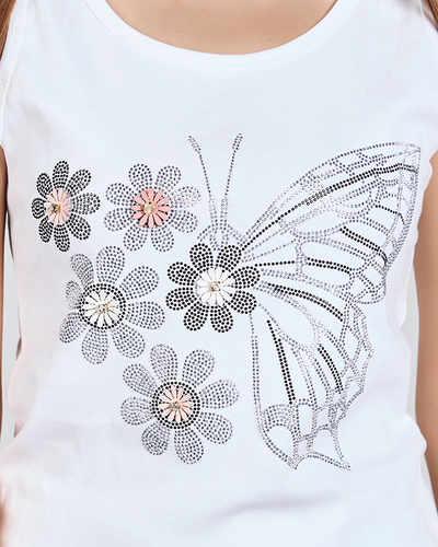 Top de dama alb cu fluture si flori - Imbracaminte