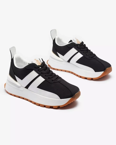 Pantofi sport pentru femei din piele ecologică de culoare neagră, cu inserții colorate Tifora- Footwear