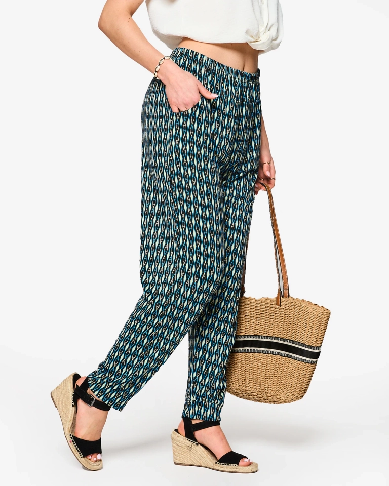 Pantaloni de damă din stofă cu model negru și albastru a'la alladins PLUS SIZE- Îmbrăcăminte