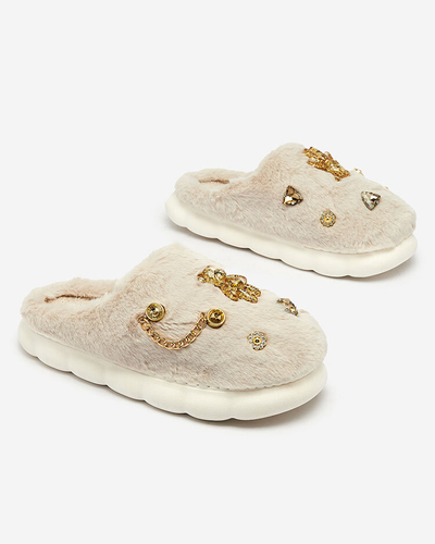 Royalfashion Papuci de blană pentru femei bej cu ornamente Erserra