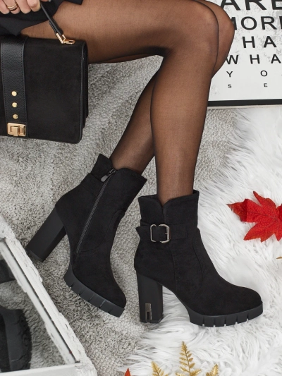 Botine de damă eco piele întoarsă cu toc gros Liravie