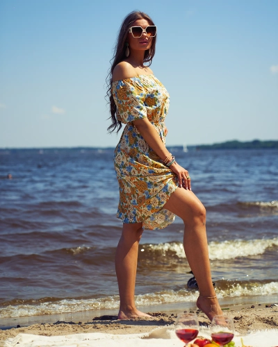 Royalfashion Rochie mini florală pentru femei a'la hiszpanka în bej