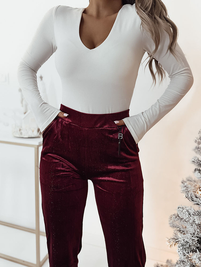 Royalfashion Pantaloni din țesătură de catifea maro închis pentru femei