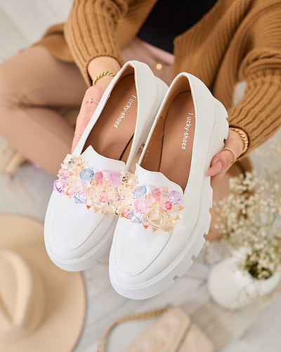 Royalfashion Mocasini albi pentru femei cu cristale colorate Crystal Glam