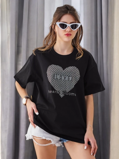 Royalfashion Tricou din bumbac pentru femei LOVE cu strasuri