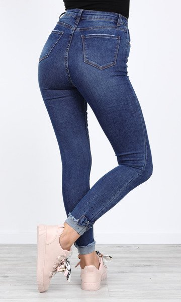 Długie, ciemnoniebieskie jeansy z cyrkoniami Alison- Spodnie