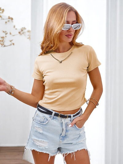 Royalfashion Tricou din bumbac pentru femei cu drapaj lateral, un lanț și sclipici