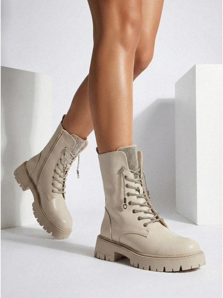 Botine de damă Farly din piele ecologică cu șireturi