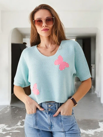 Royalfashion Pulover scurt din bumbac pentru femei cu fluturi