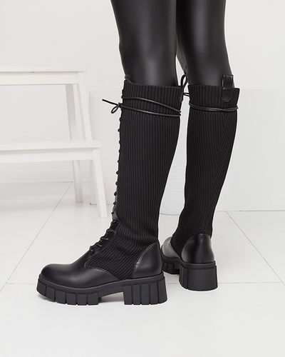 Cizme până la genunchi pentru femei cu șireturi, negre Assala- Footwear