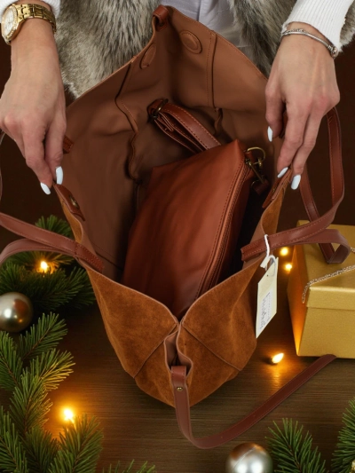 Geantă de damă shopper eco din piele întoarsă cu o geantă mai mică din piele eco inclusă, set 2 în 1 Elinea