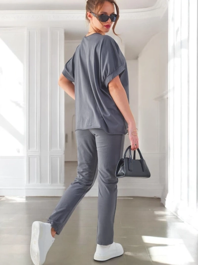 Set din bumbac Royalfashion pentru femei, cu mâneci scurte și pantaloni drepți