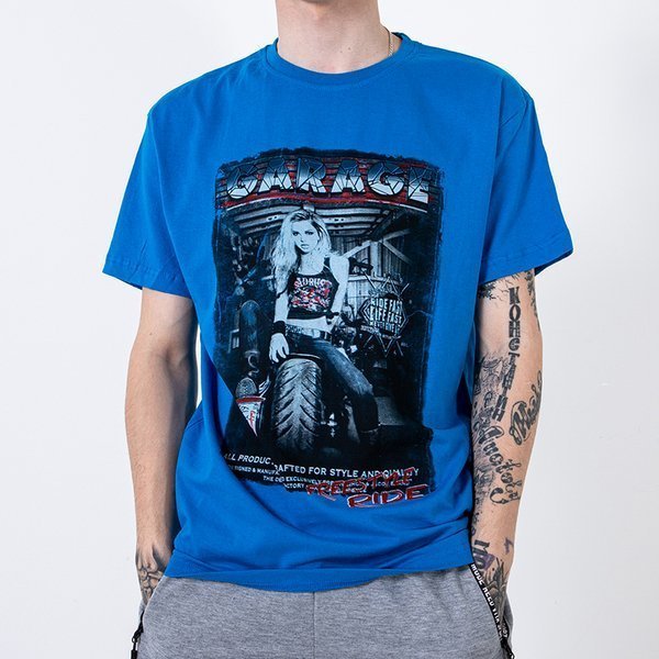 Tricou bărbătesc din bumbac albastru decorat cu imprimeul și inscripția - Îmbrăcăminte